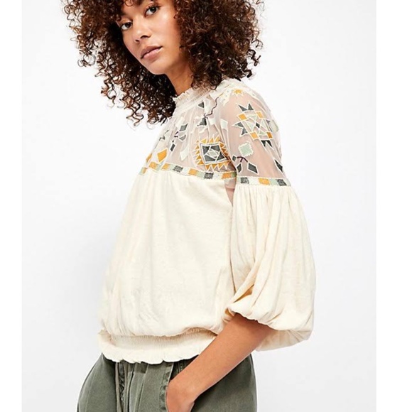 Free People Embroidered Mesh Yoke Cotton & Linen-Blend Top - Picture 1 of 7